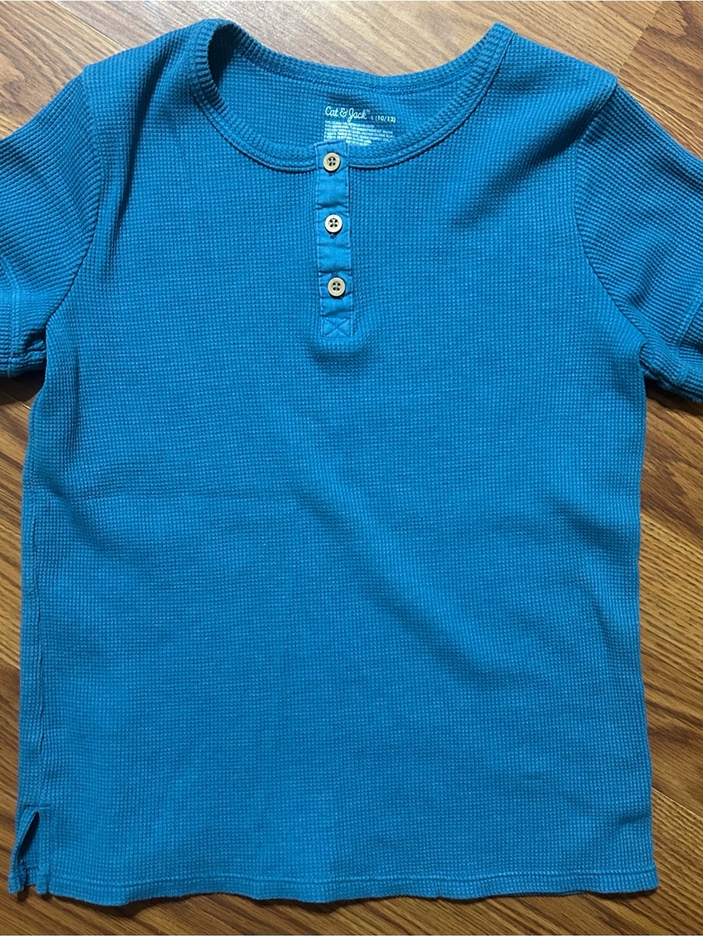 Cat & Jack Teal Blue Short Sleeve Waffle Henley Teal Size Large 10/12 Boys